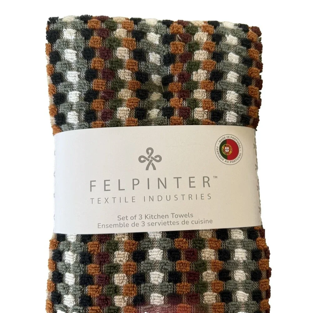 Felpinter Kitchen Dish Towels Set of 3 Rust Black Gray Check Made in PORTUGAL
